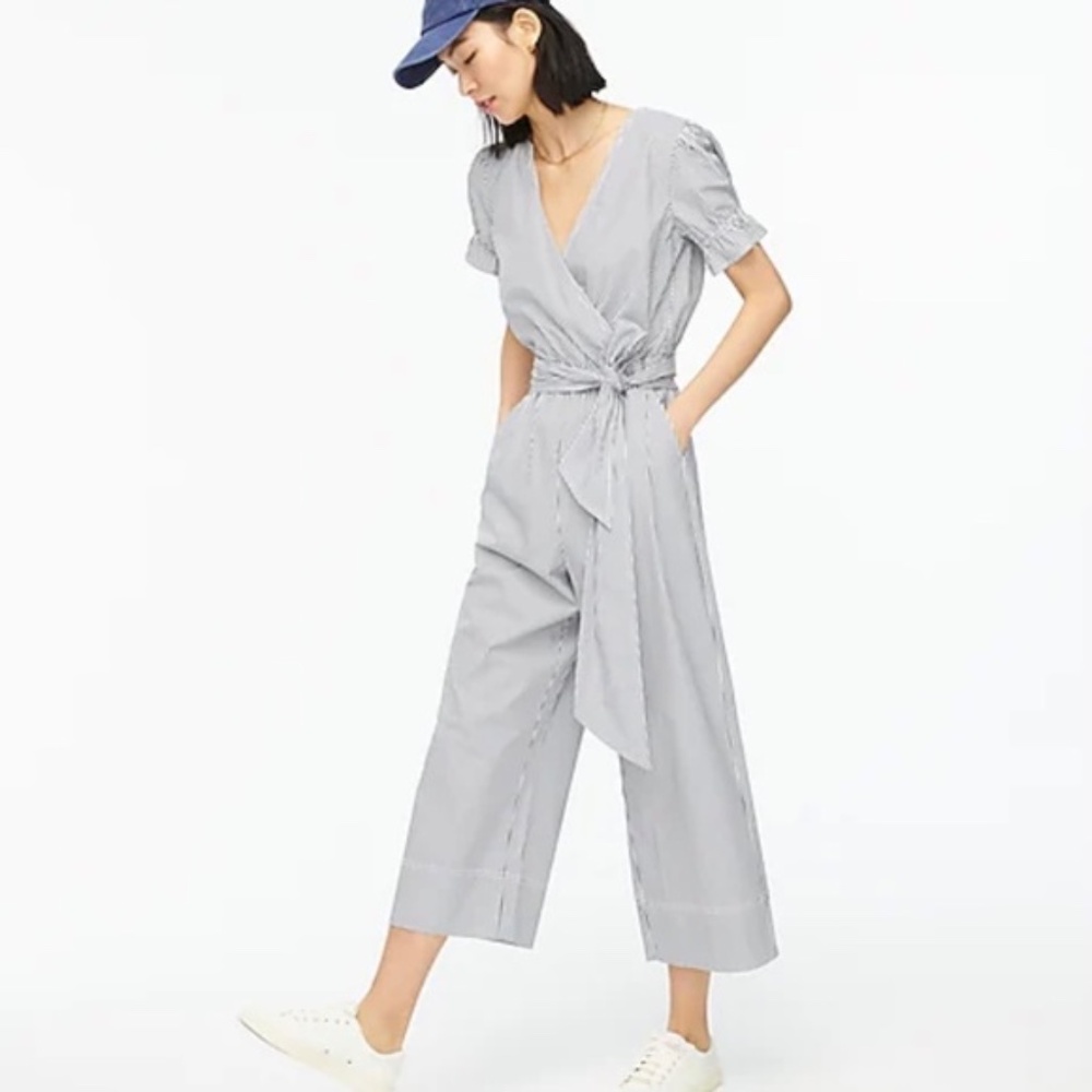 J. CREW Ruffle Stretch Stripe Cotton Poplin Jumpsuit, size 00